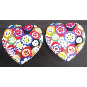 Vintage Retro Heart Shape Painted Flower Clay Clip On Button Earrings 80's 90's